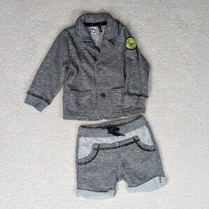 3Pomme Infant 6/9 Month Black/White Marl Blazer w/Shorts Knit w/Dinosaur Patch